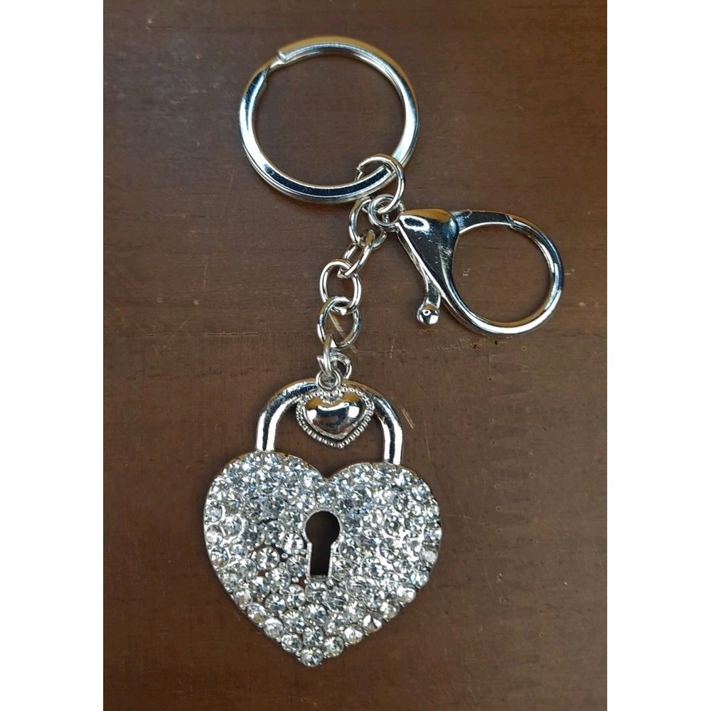 Heart Rhinestone Keychain Bag Purse Charm Bling Keyring Silver Tone New